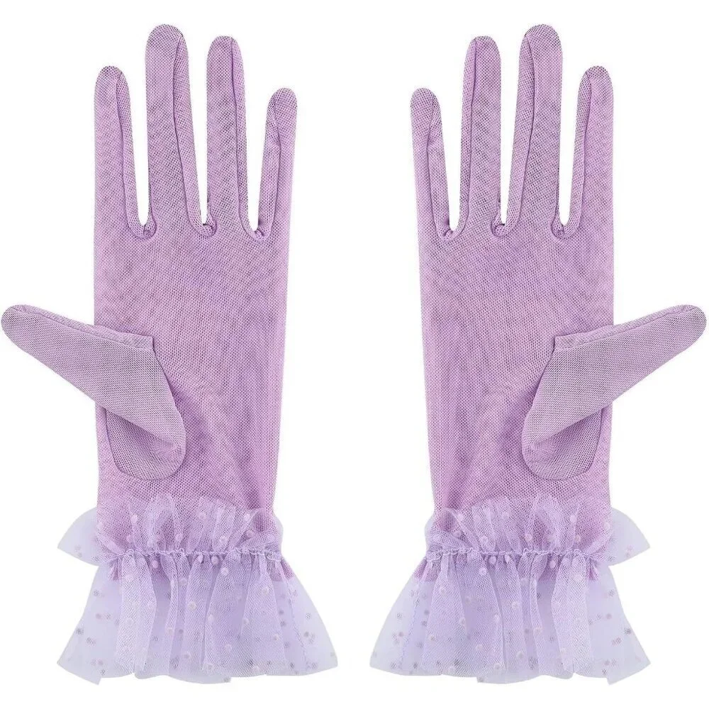 Women's Short Lace Lavender Sheer Mesh Tea Party Prom Gloves Banquet Costume
